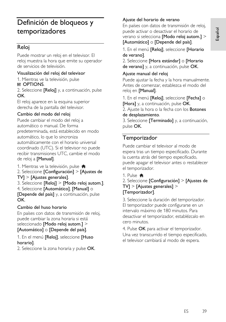 Definición de bloqueos y temporizadores, Reloj, Temporizador | Definición de bloqueos y, Temporizadores | Philips 4000 series Televisor Smart LED 3D ultrafino User Manual | Page 39 / 87