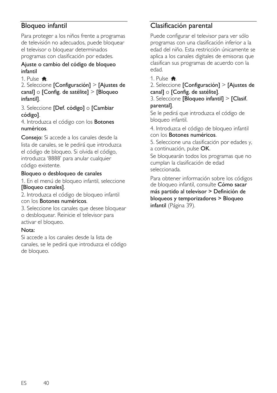 Bloqueo infantil, Clasificación parental | Philips 4000 series Televisor Smart LED 3D ultrafino User Manual | Page 40 / 87