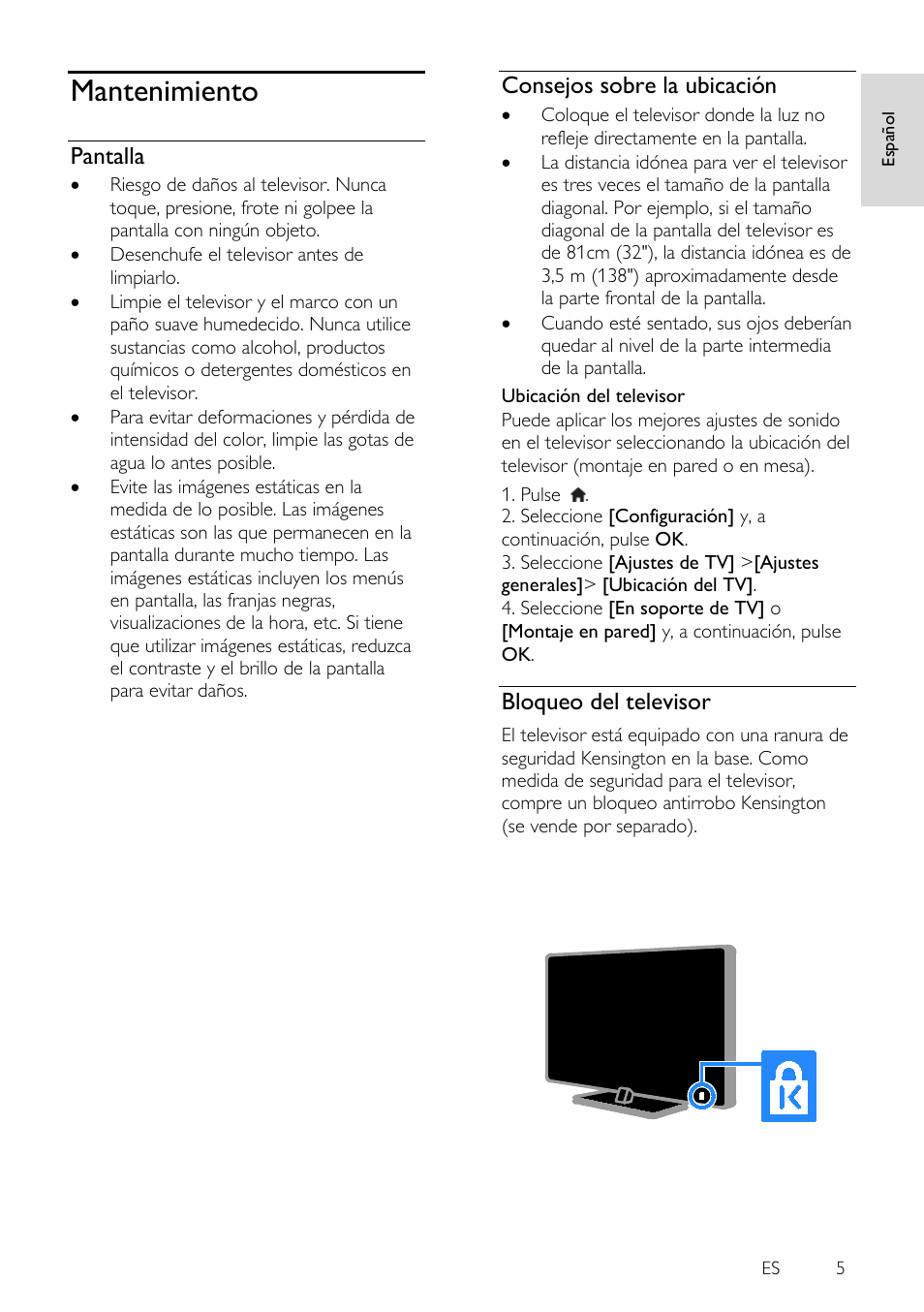 Mantenimiento, Pantalla, Consejos sobre la ubicación | Bloqueo del televisor | Philips 4000 series Televisor Smart LED 3D ultrafino User Manual | Page 5 / 87