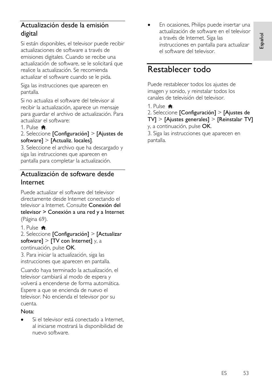 Actualización desde la emisión digital, Actualización de software desde internet, Restablecer todo | Philips 4000 series Televisor Smart LED 3D ultrafino User Manual | Page 53 / 87