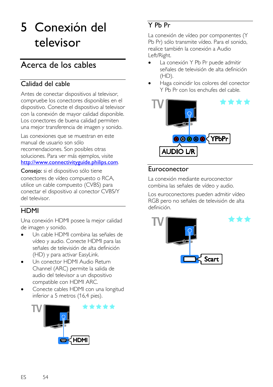 5 conexión del televisor, Acerca de los cables, Calidad del cable | Hdmi, Y pb pr, Euroconector, Conexión del televisor | Philips 4000 series Televisor Smart LED 3D ultrafino User Manual | Page 54 / 87