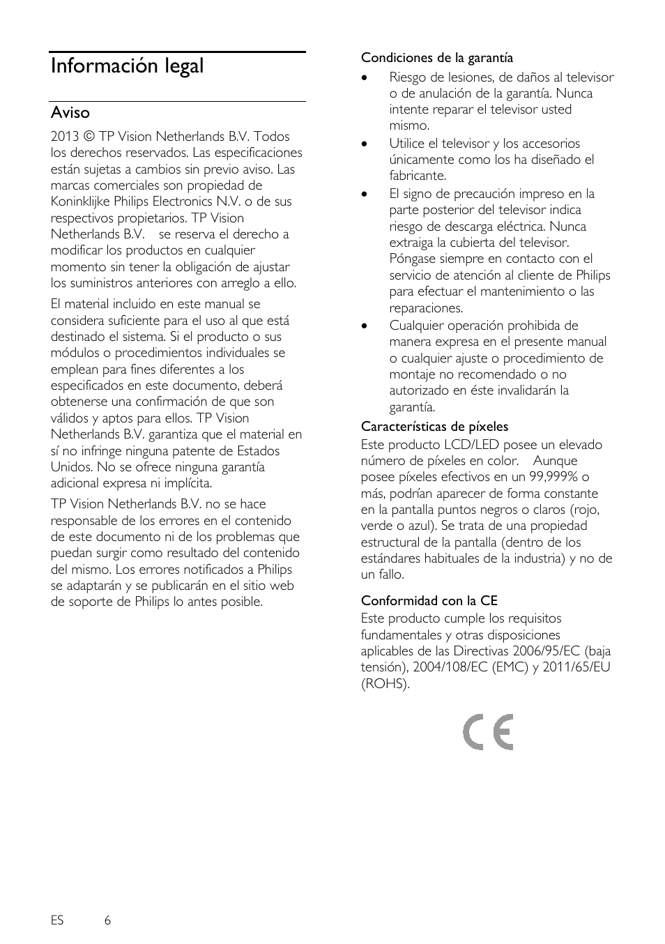 Información legal, Aviso | Philips 4000 series Televisor Smart LED 3D ultrafino User Manual | Page 6 / 87