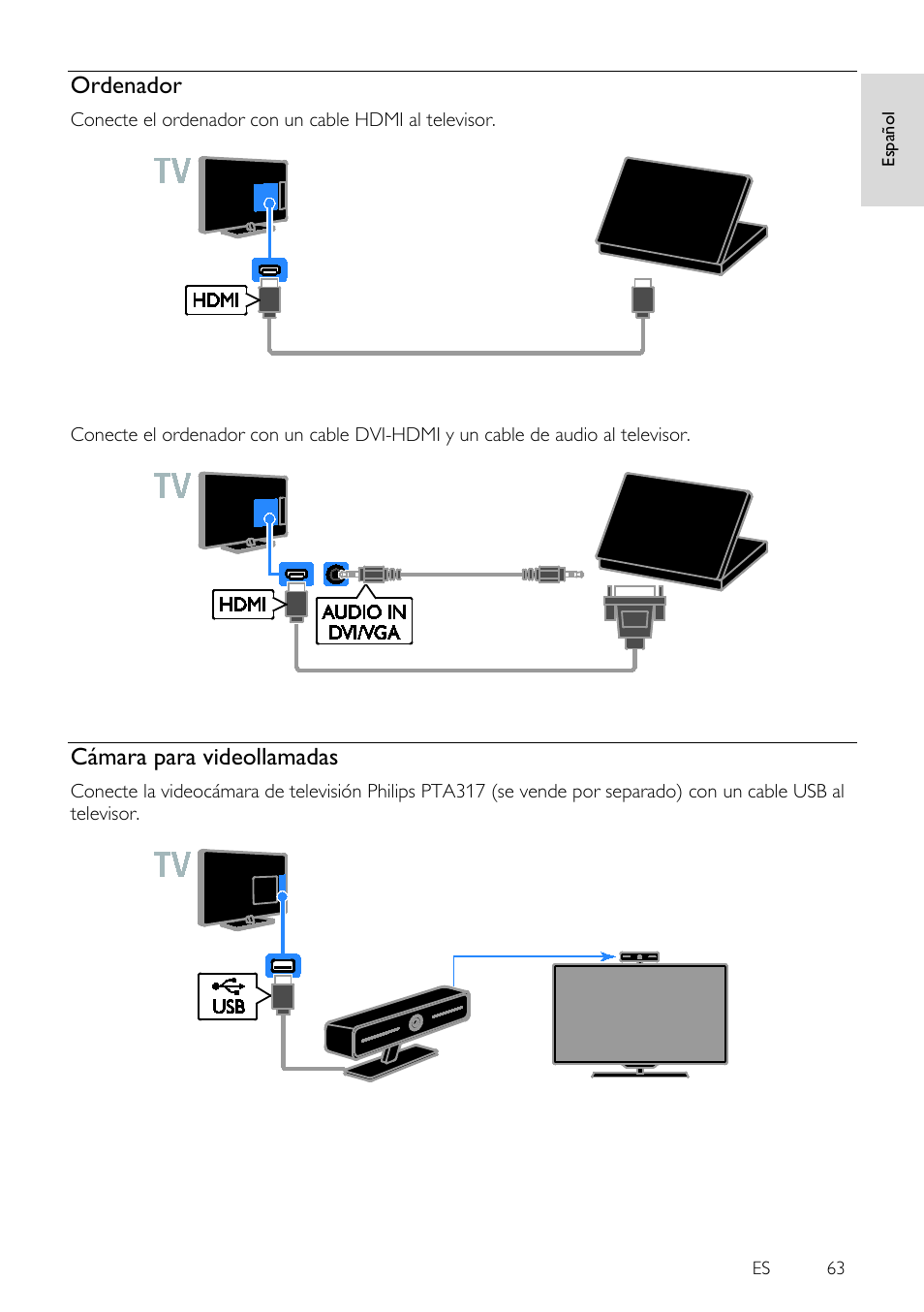 Ordenador, Cámara para videollamadas, Es 63 | Es pa ño l | Philips 4000 series Televisor Smart LED 3D ultrafino User Manual | Page 63 / 87