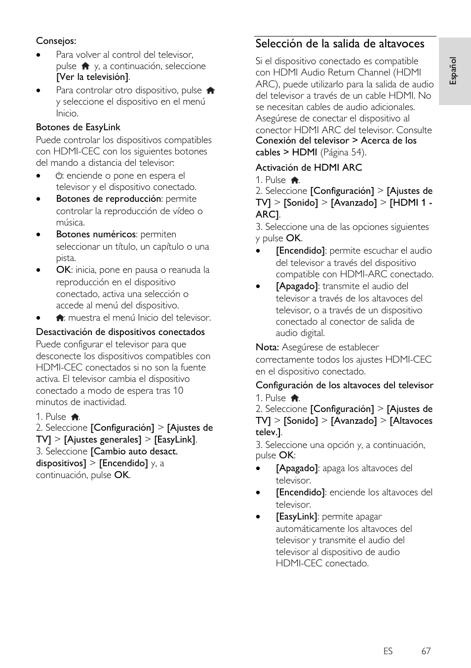 Selección de la salida de altavoces | Philips 4000 series Televisor Smart LED 3D ultrafino User Manual | Page 67 / 87