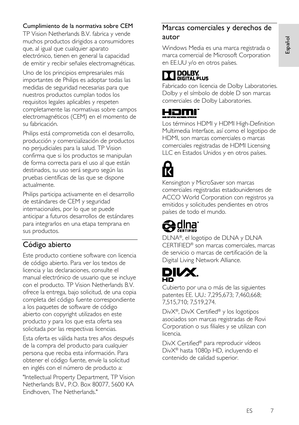 Código abierto, Marcas comerciales y derechos de autor | Philips 4000 series Televisor Smart LED 3D ultrafino User Manual | Page 7 / 87