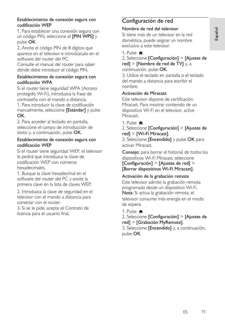 Configuración de red | Philips 4000 series Televisor Smart LED 3D ultrafino User Manual | Page 71 / 87