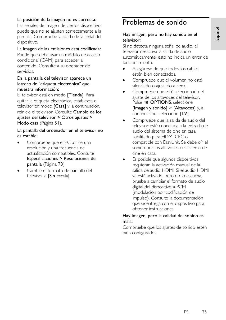 Problemas de sonido | Philips 4000 series Televisor Smart LED 3D ultrafino User Manual | Page 75 / 87