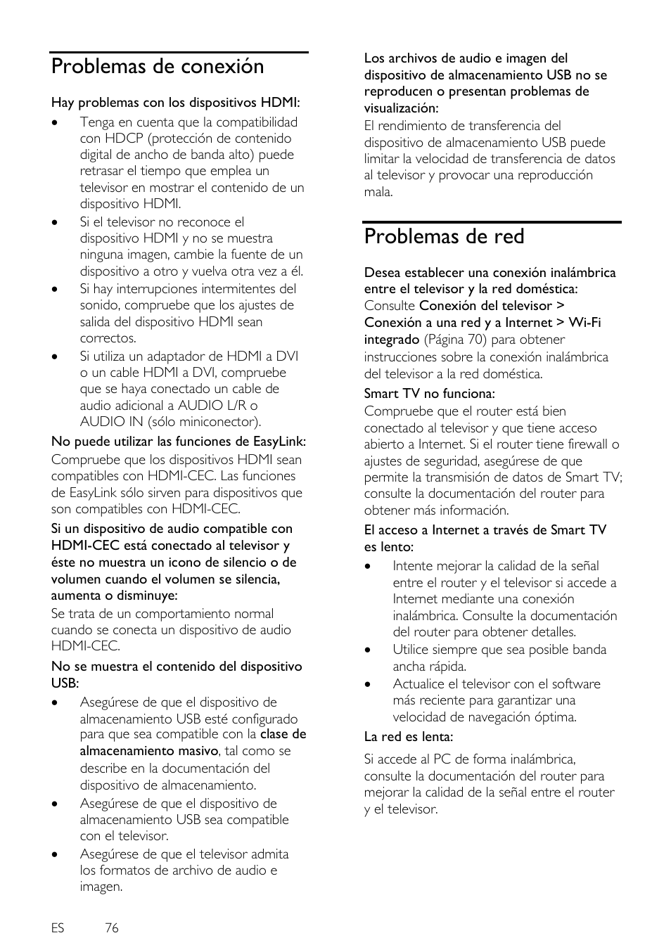 Problemas de conexión, Problemas de red | Philips 4000 series Televisor Smart LED 3D ultrafino User Manual | Page 76 / 87