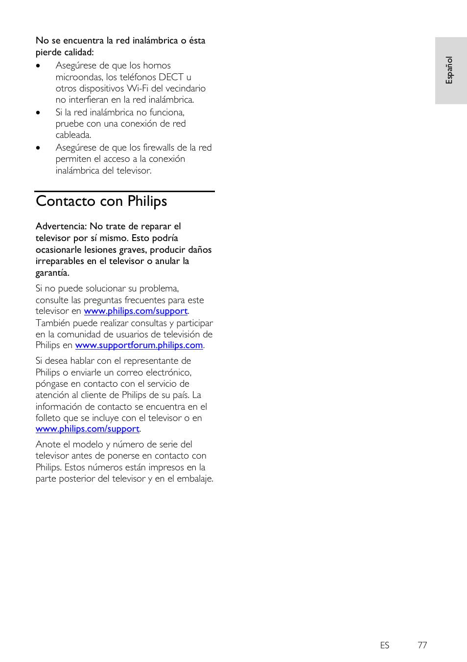 Contacto con philips | Philips 4000 series Televisor Smart LED 3D ultrafino User Manual | Page 77 / 87