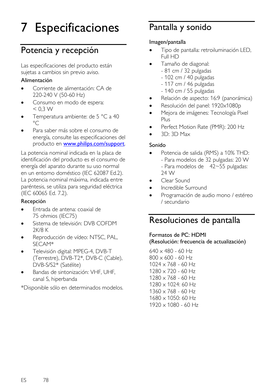 7 especificaciones, Potencia y recepción, Pantalla y sonido | Resoluciones de pantalla, Especificaciones | Philips 4000 series Televisor Smart LED 3D ultrafino User Manual | Page 78 / 87