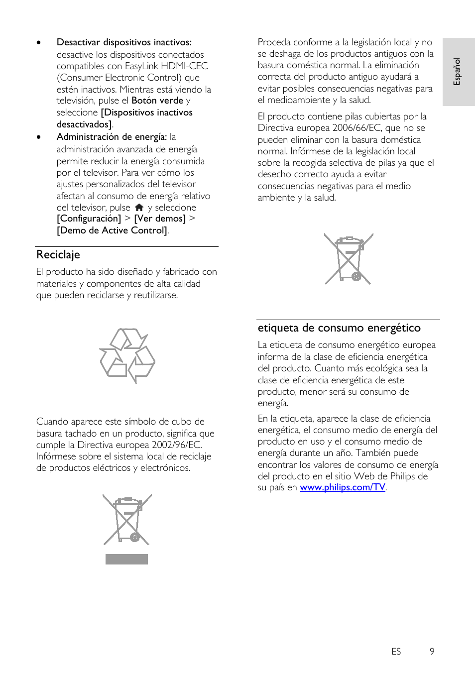 Reciclaje, Etiqueta de consumo energético | Philips 4000 series Televisor Smart LED 3D ultrafino User Manual | Page 9 / 87