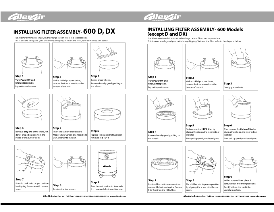 600 d, dx, Installing filter assembly | AllerAir 600 D User Manual | Page 2 / 2