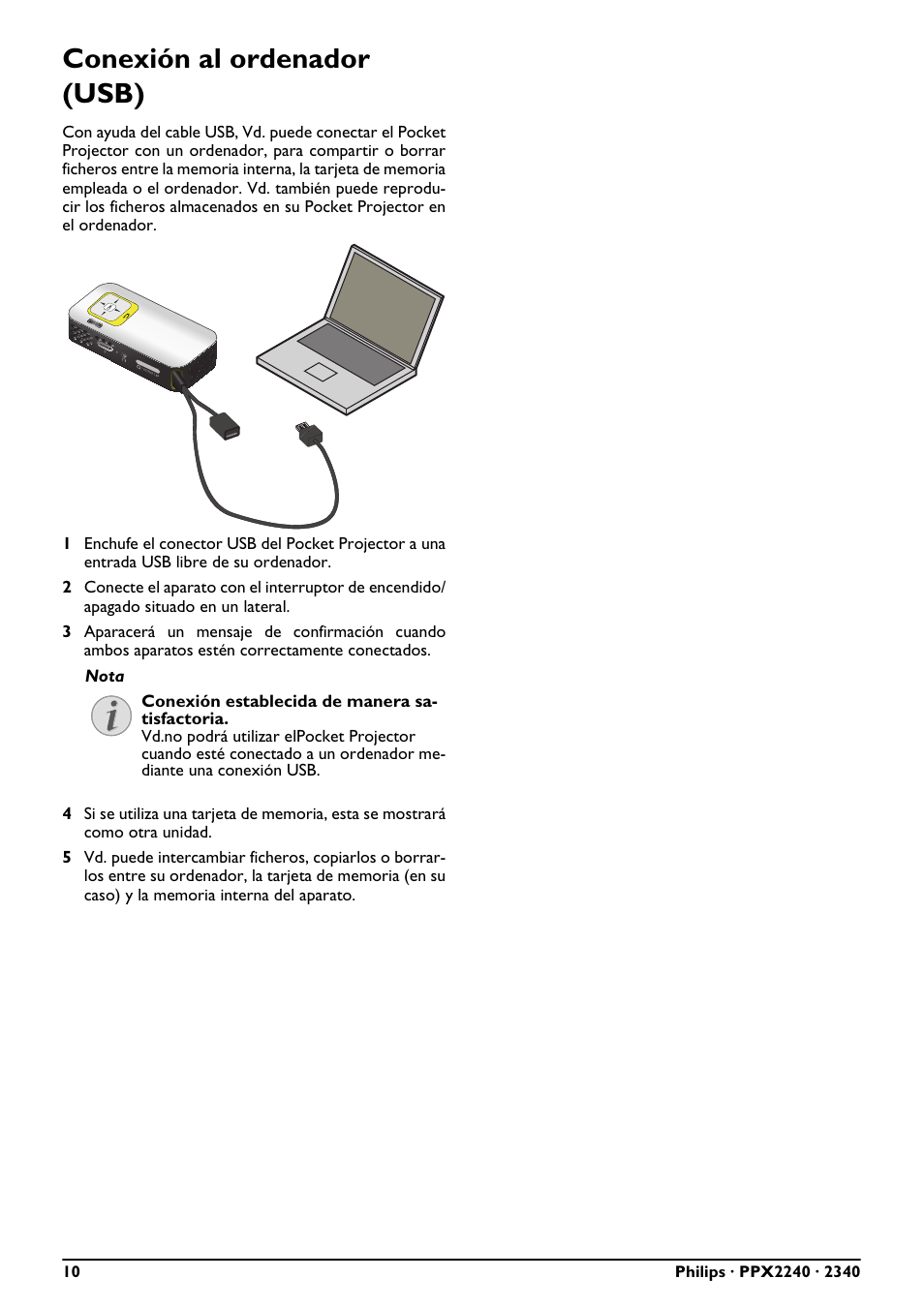 Conexión al ordenador (usb) | Philips PicoPix Proyector de bolsillo User Manual | Page 10 / 26