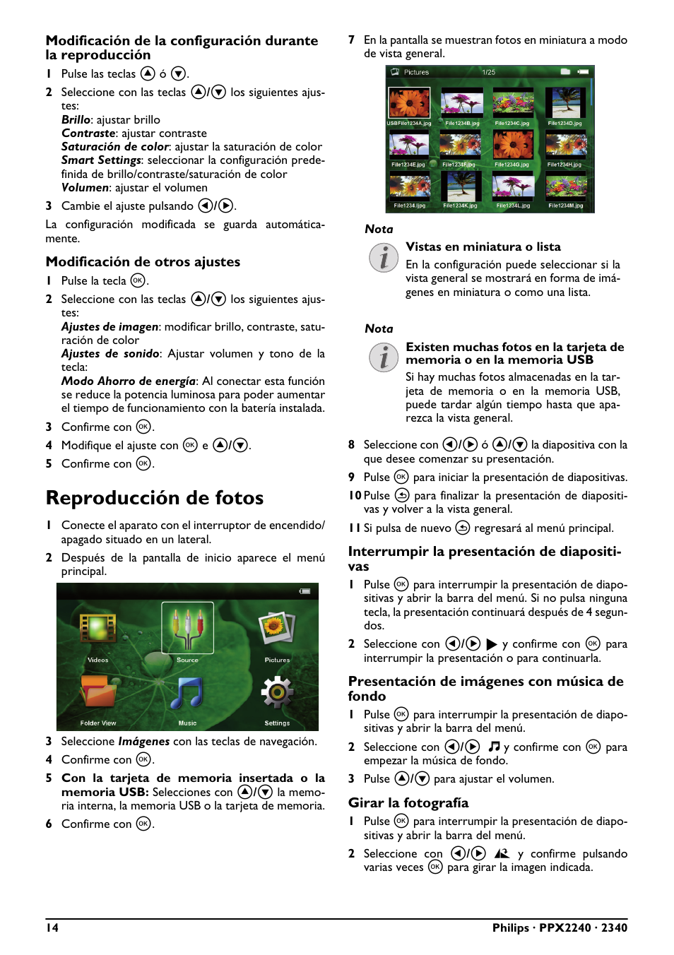 Reproducción de fotos | Philips PicoPix Proyector de bolsillo User Manual | Page 14 / 26