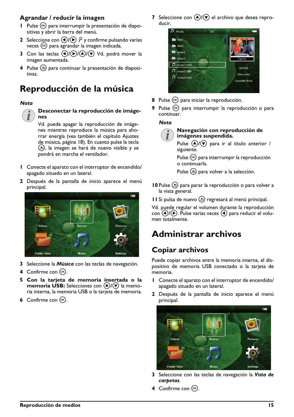 Reproducción de la música administrar archivos, Reproducción de la música, Administrar archivos | Copiar archivos | Philips PicoPix Proyector de bolsillo User Manual | Page 15 / 26