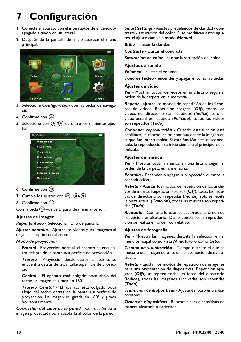 7 configuración | Philips PicoPix Proyector de bolsillo User Manual | Page 18 / 26