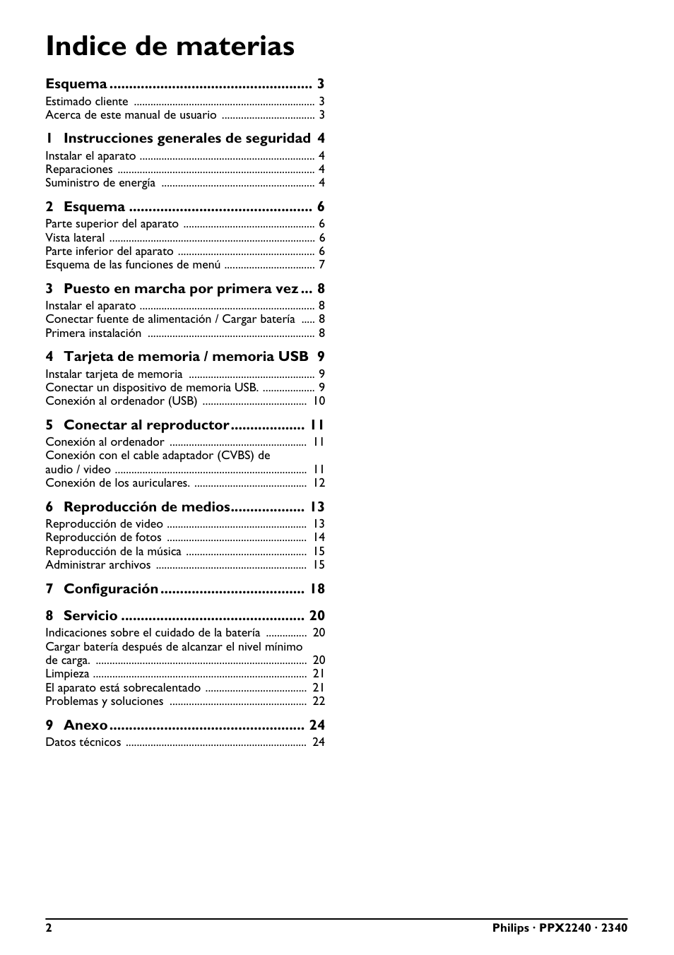 Indice de materias | Philips PicoPix Proyector de bolsillo User Manual | Page 2 / 26