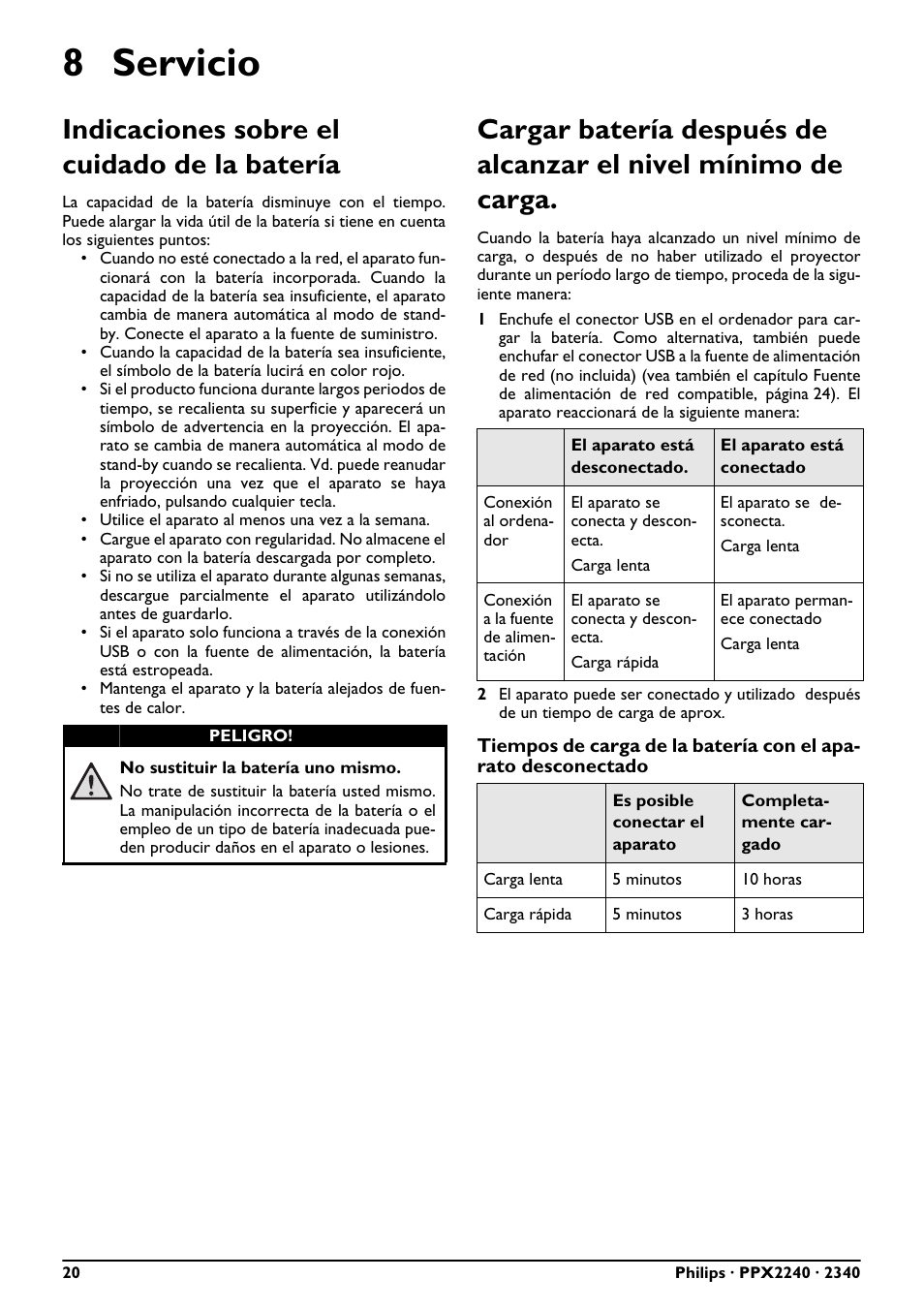 8 servicio, Indicaciones sobre el cuidado de la batería | Philips PicoPix Proyector de bolsillo User Manual | Page 20 / 26