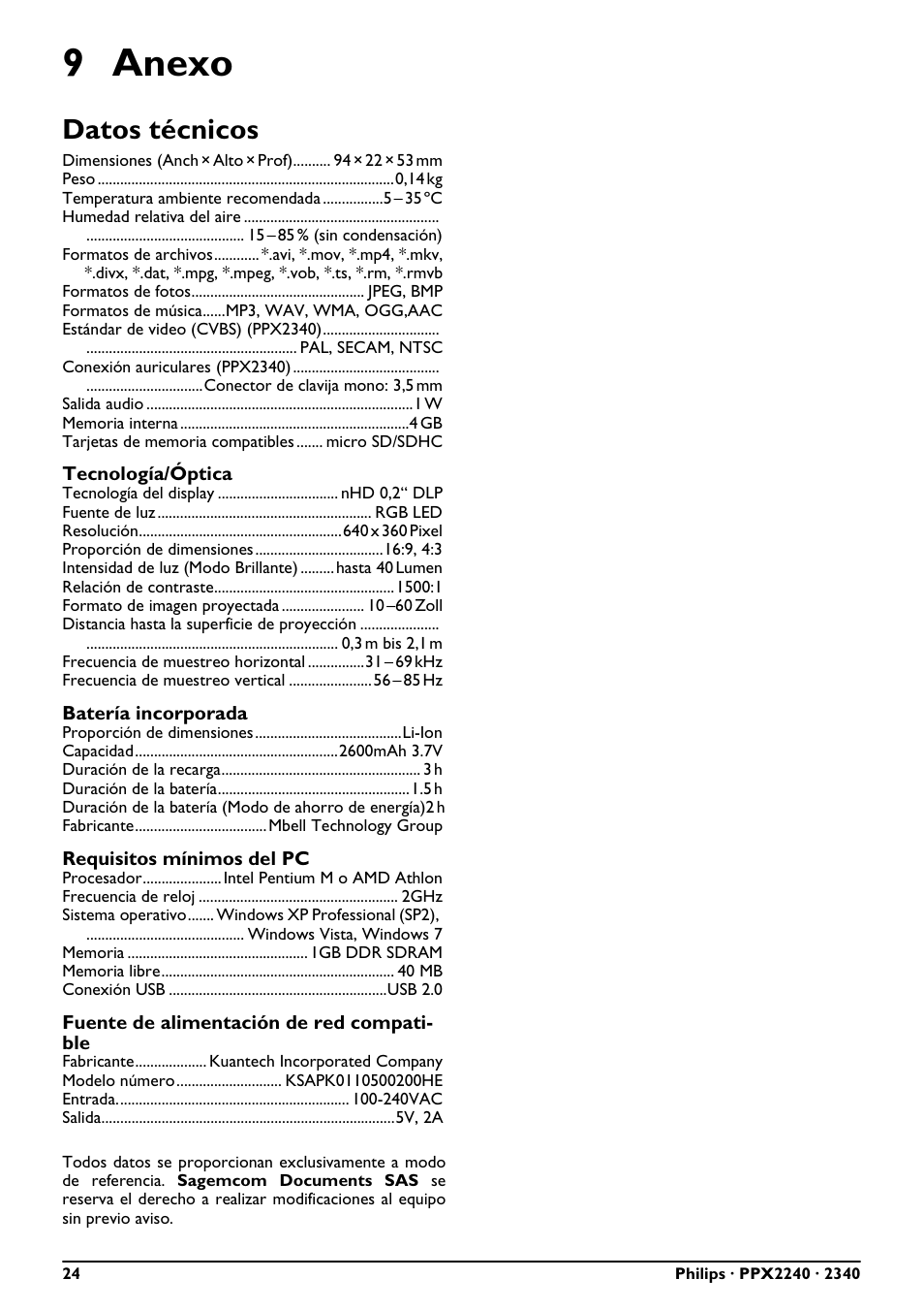 9 anexo, Datos técnicos | Philips PicoPix Proyector de bolsillo User Manual | Page 24 / 26