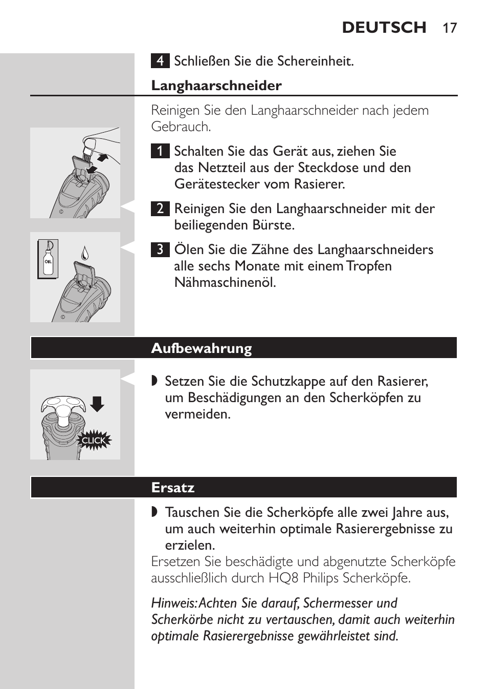 Langhaarschneider, Aufbewahrung, Ersatz | Philips SHAVER Series 3000 Afeitadora eléctrica User Manual | Page 15 / 72