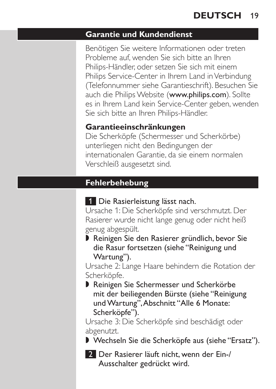 Garantieeinschränkungen, Garantie und kundendienst, Fehlerbehebung | Philips SHAVER Series 3000 Afeitadora eléctrica User Manual | Page 17 / 72
