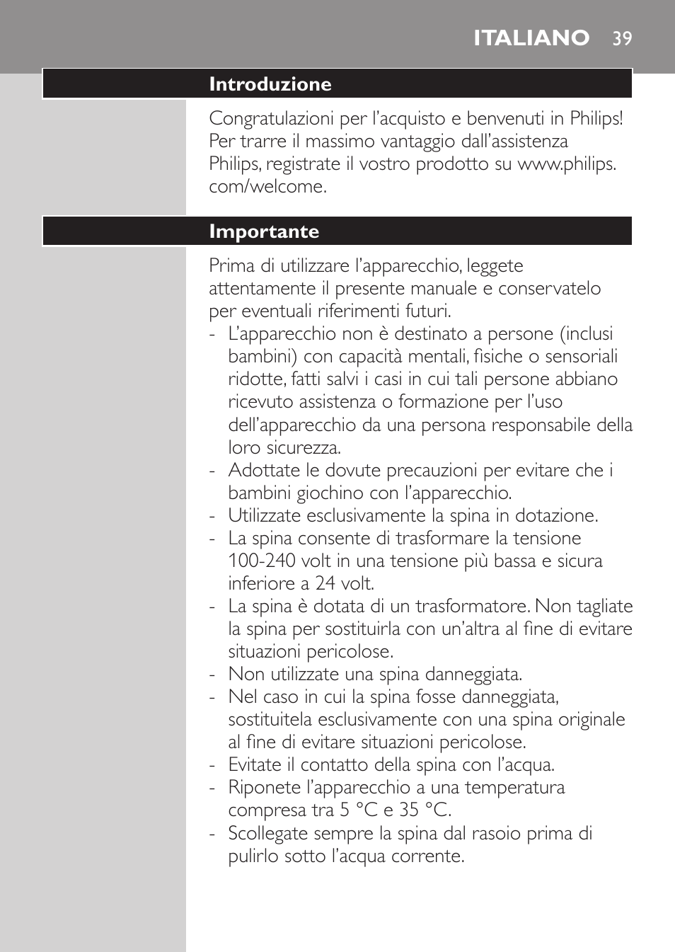 Italiano, Introduzione, Importante | Philips SHAVER Series 3000 Afeitadora eléctrica User Manual | Page 37 / 72