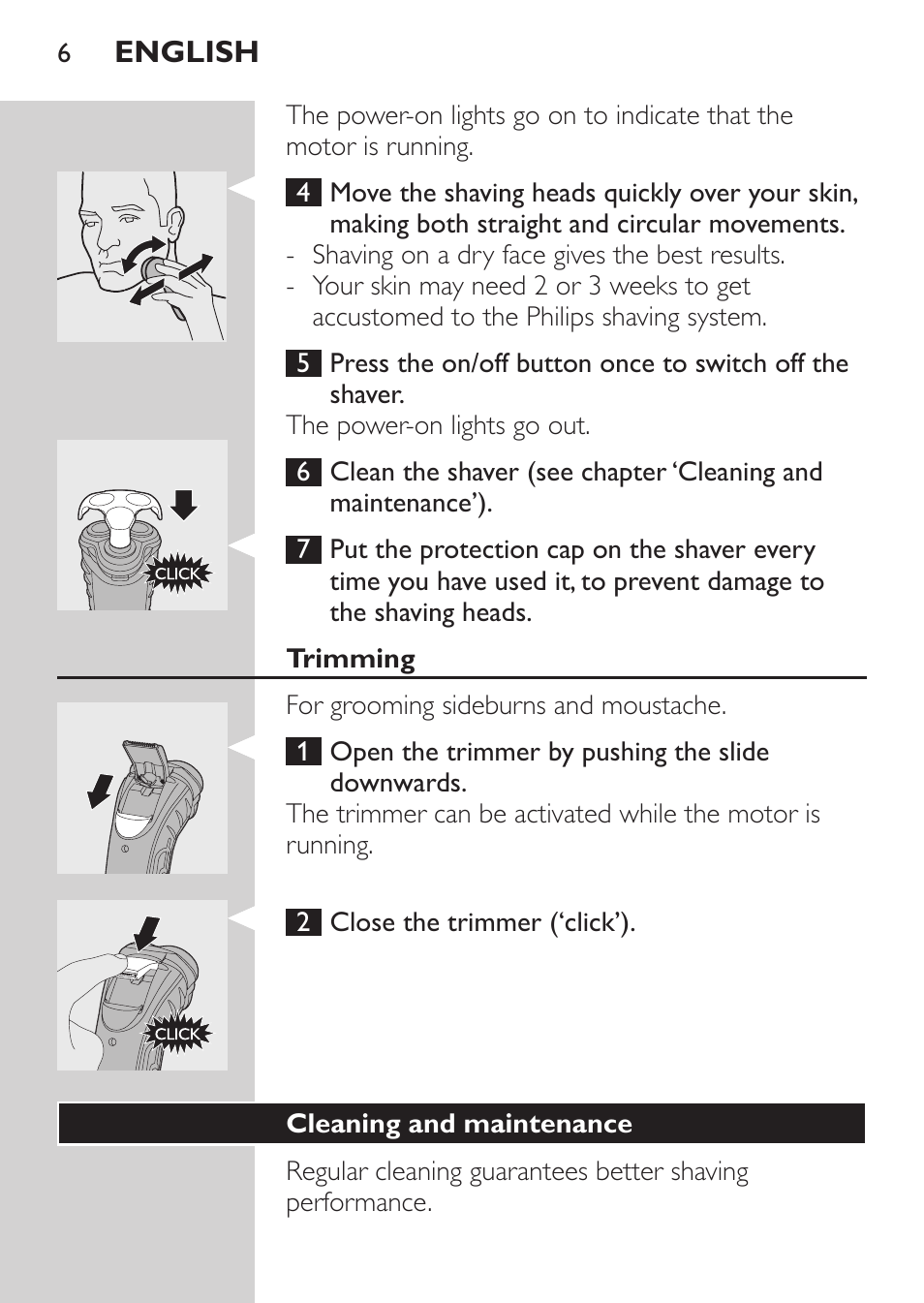 Trimming, Cleaning and maintenance | Philips SHAVER Series 3000 Afeitadora eléctrica User Manual | Page 4 / 72