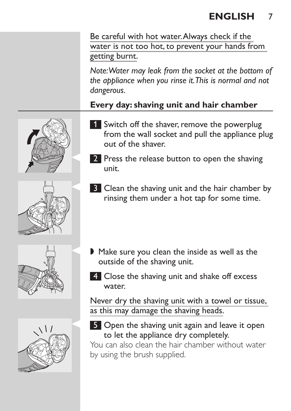 Every day: shaving unit and hair chamber | Philips SHAVER Series 3000 Afeitadora eléctrica User Manual | Page 5 / 72