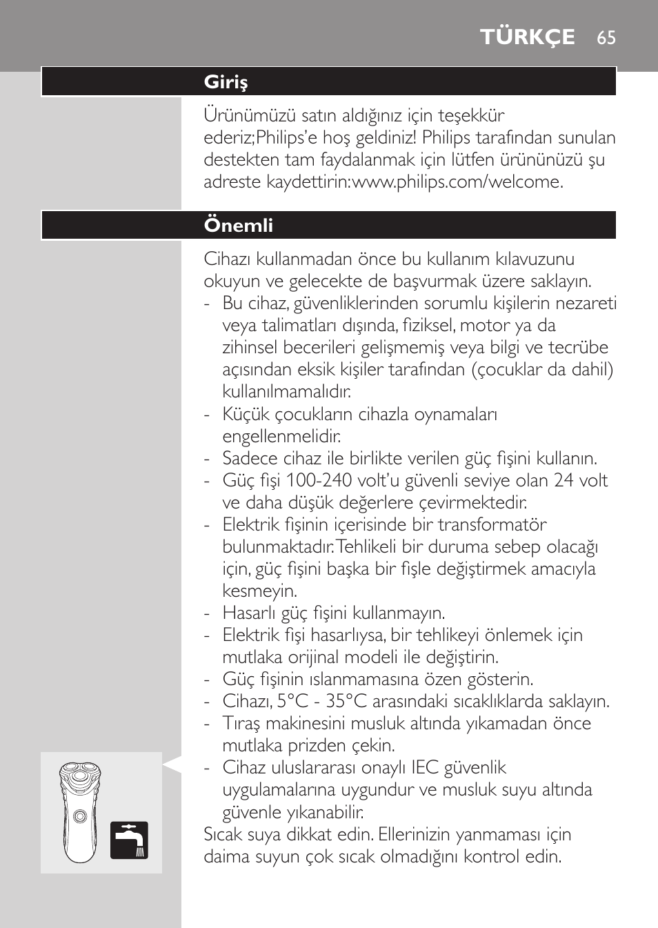 Türkçe, Giriş, Önemli | Philips SHAVER Series 3000 Afeitadora eléctrica User Manual | Page 63 / 72