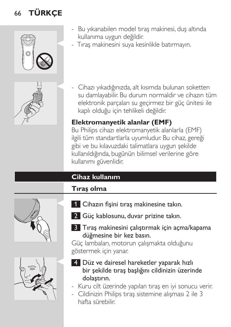 Elektromanyetik alanlar (emf), Cihaz kullanım, Tıraş olma | Philips SHAVER Series 3000 Afeitadora eléctrica User Manual | Page 64 / 72