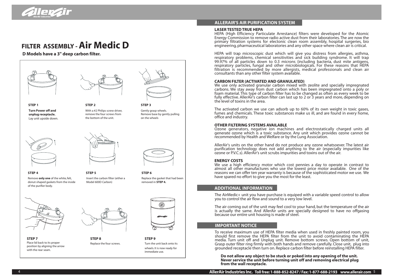 Air medic d, Filter assembly | AllerAir AirMedic+ none User Manual | Page 4 / 4