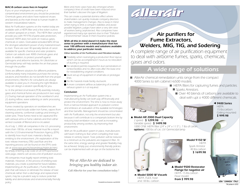 AllerAir General Purpose Ceiling Mount Unit 9400 User Manual | 2 pages