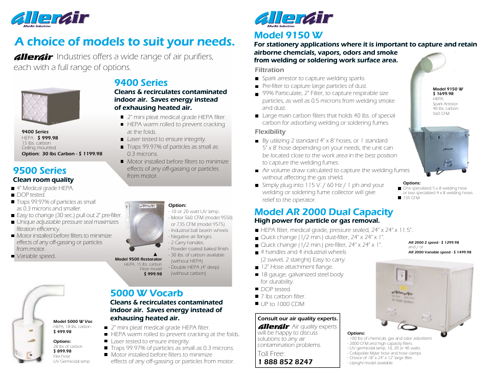 A choice of models to suit your needs, 9400 series, Model 9150 w | Model ar 2000 dual capacity, 9500 series, 5000 w vocarb | AllerAir General Purpose Ceiling Mount Unit 9400 User Manual | Page 2 / 2