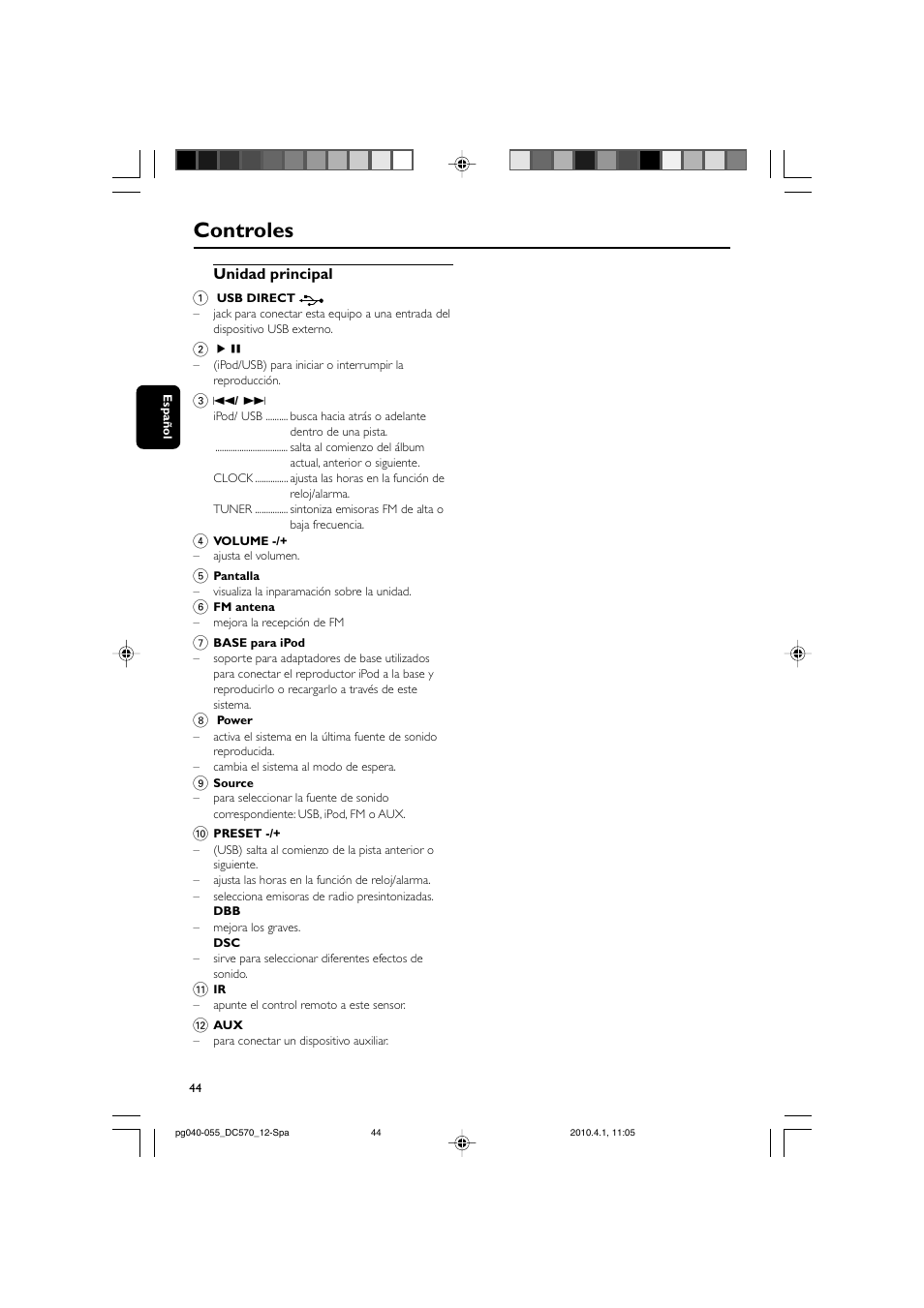 Controles | Philips sistema docking User Manual | Page 11 / 23