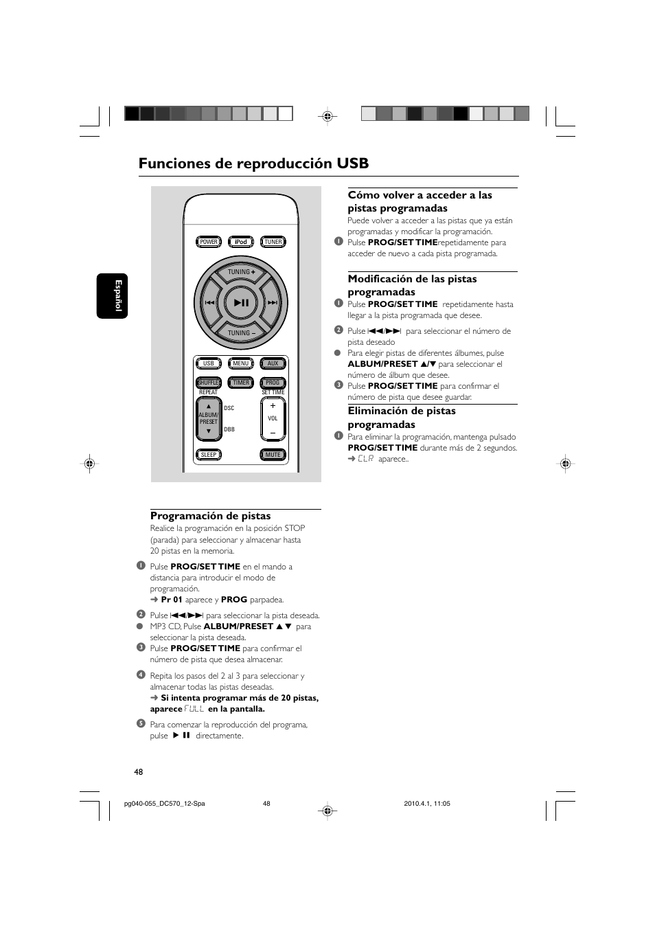Funciones de reproducción usb, Programación de pistas, Cómo volver a acceder a las pistas programadas | Modificación de las pistas programadas 1, Eliminación de pistas programadas 1 | Philips sistema docking User Manual | Page 15 / 23