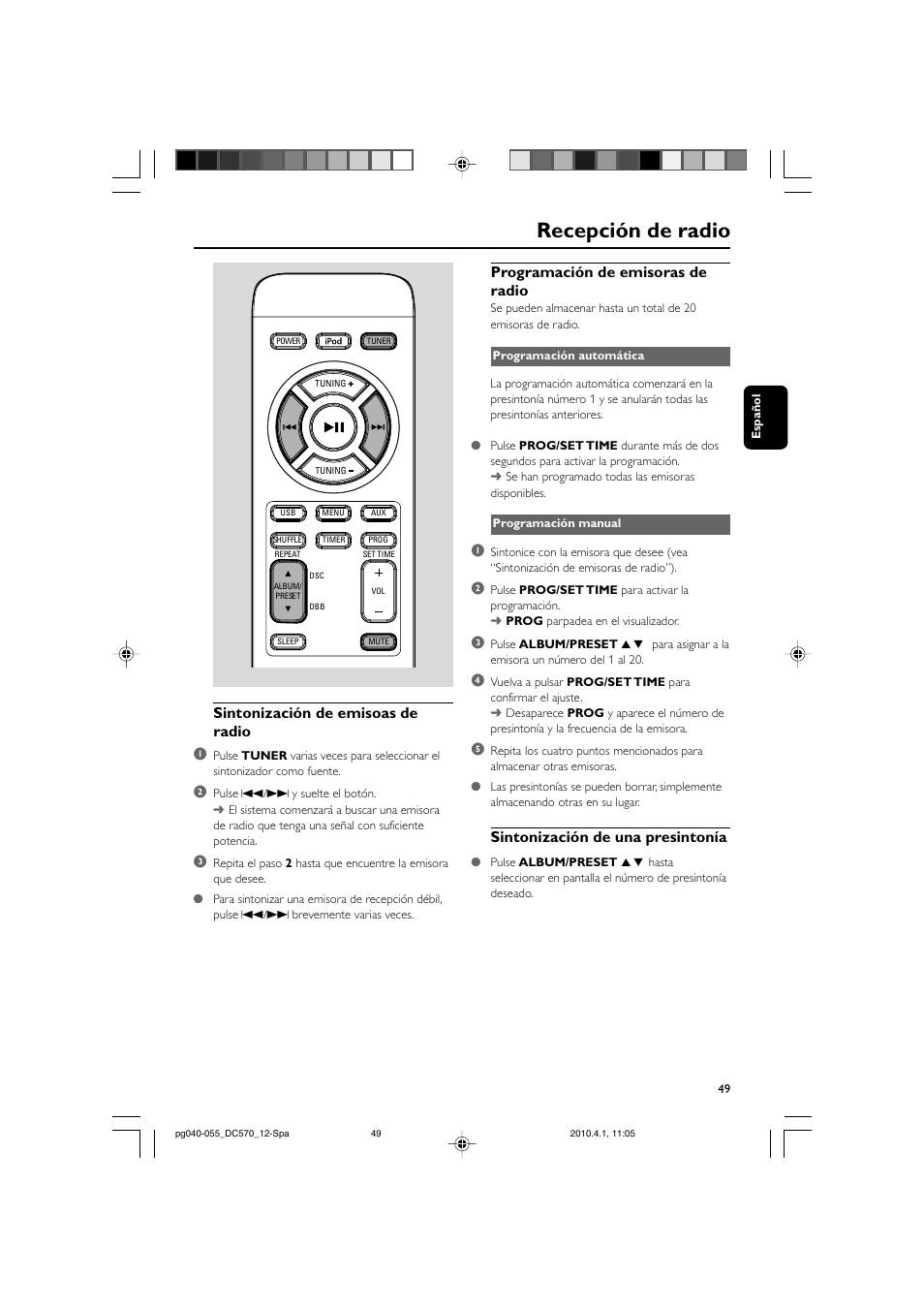 Recepción de radio, Sintonización de emisoas de radio 1, Programación de emisoras de radio | Sintonización de una presintonía | Philips sistema docking User Manual | Page 16 / 23