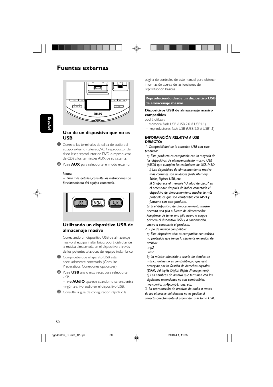 Fuentes externas, Uso de un dispositivo que no es usb 1, Utilizando un dispositivo usb de almacenaje masivo | Usb menu aux | Philips sistema docking User Manual | Page 17 / 23