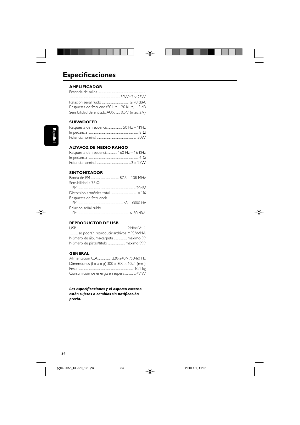 Especificaciones | Philips sistema docking User Manual | Page 21 / 23
