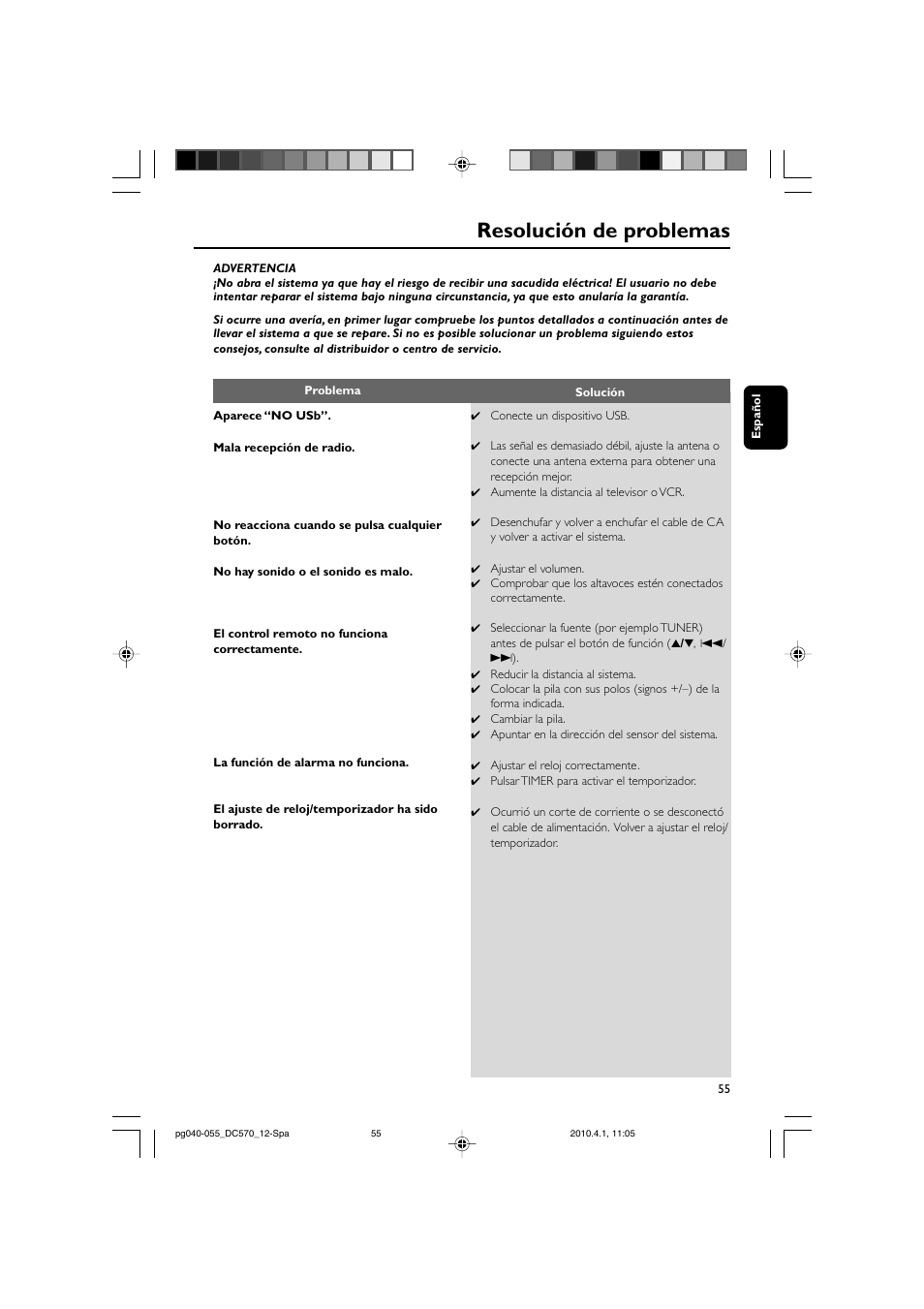 Resolución de problemas | Philips sistema docking User Manual | Page 22 / 23