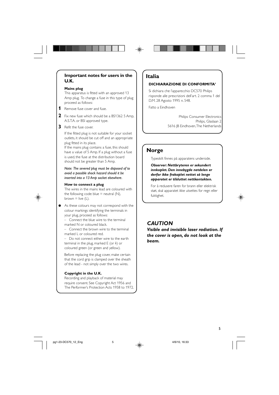 Caution, Norge, Italia | Philips sistema docking User Manual | Page 4 / 23