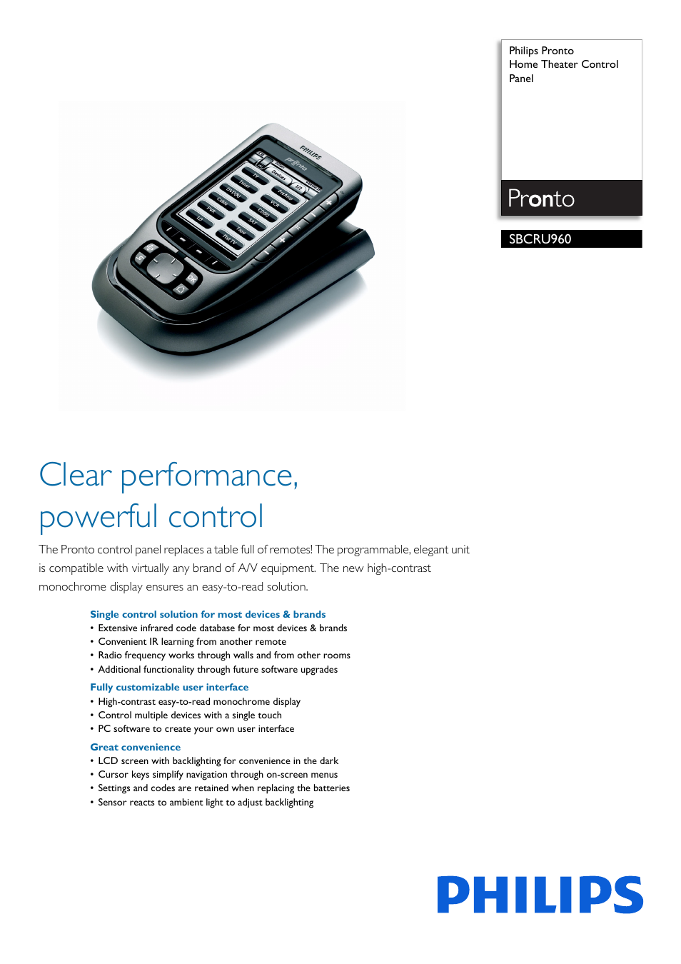 Philips Pronto Panel de control 'Home Entertainment' User Manual | 2 pages