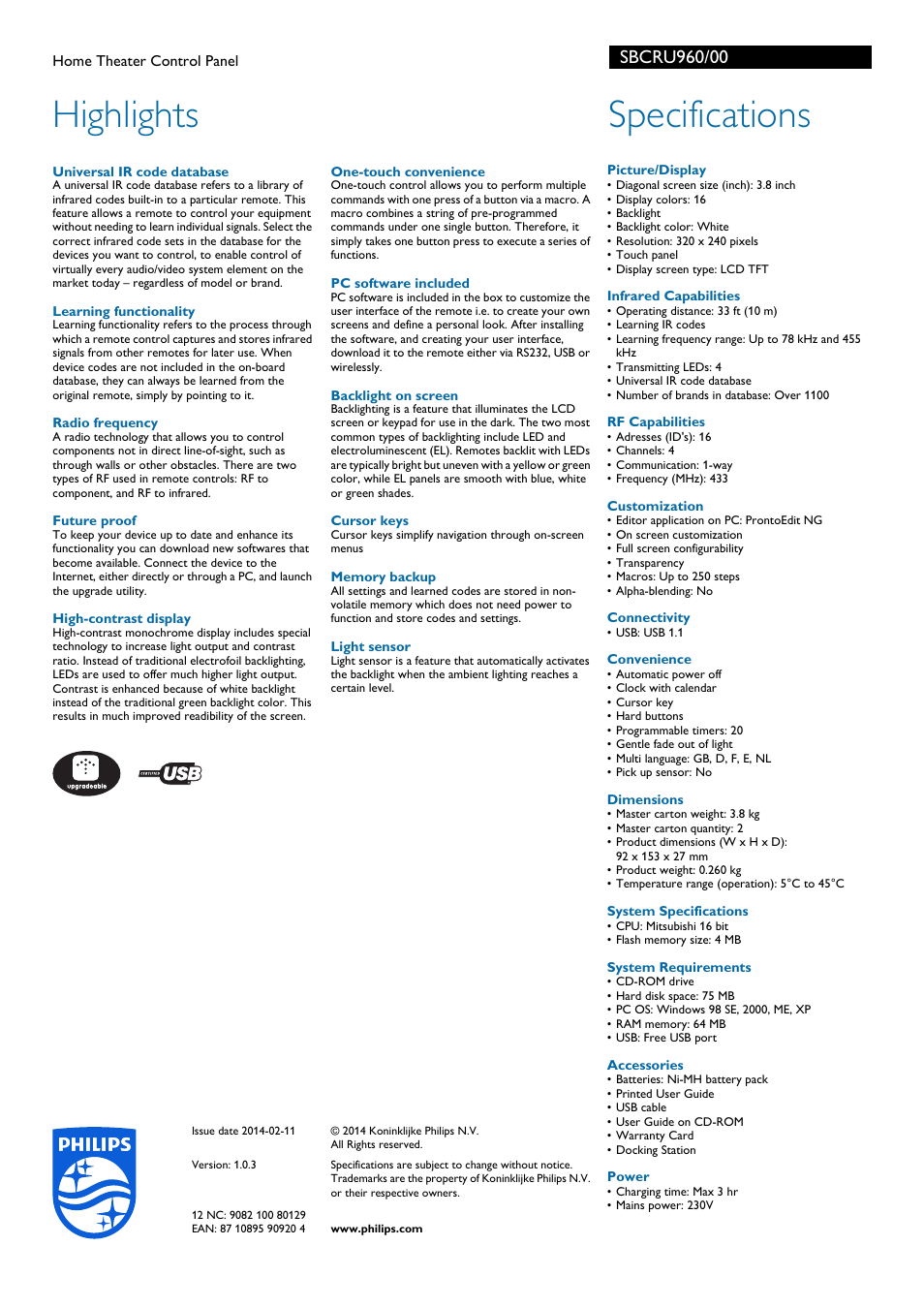 Highlights, Specifications | Philips Pronto Panel de control 'Home Entertainment' User Manual | Page 2 / 2