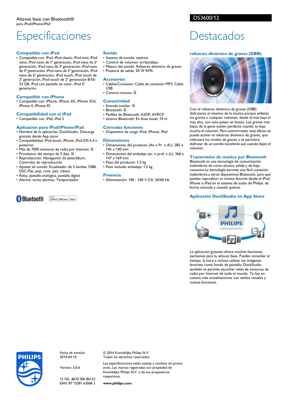 Especificaciones, Destacados | Philips Altavoz base con Bluetooth® User Manual | Page 2 / 2