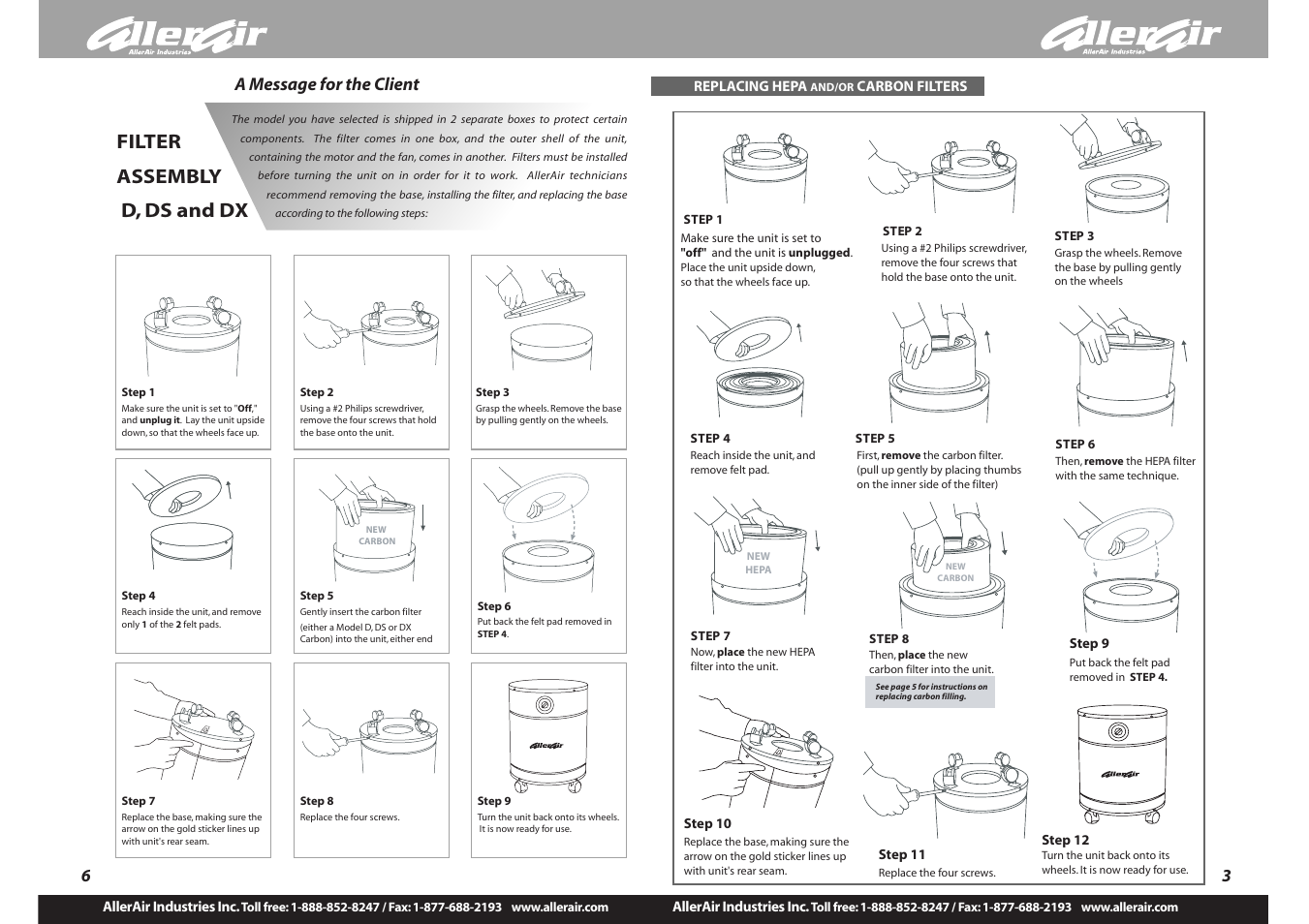 Filter assembly d, ds and dx, A message for the client | AllerAir 6000 Series User Manual | Page 3 / 4