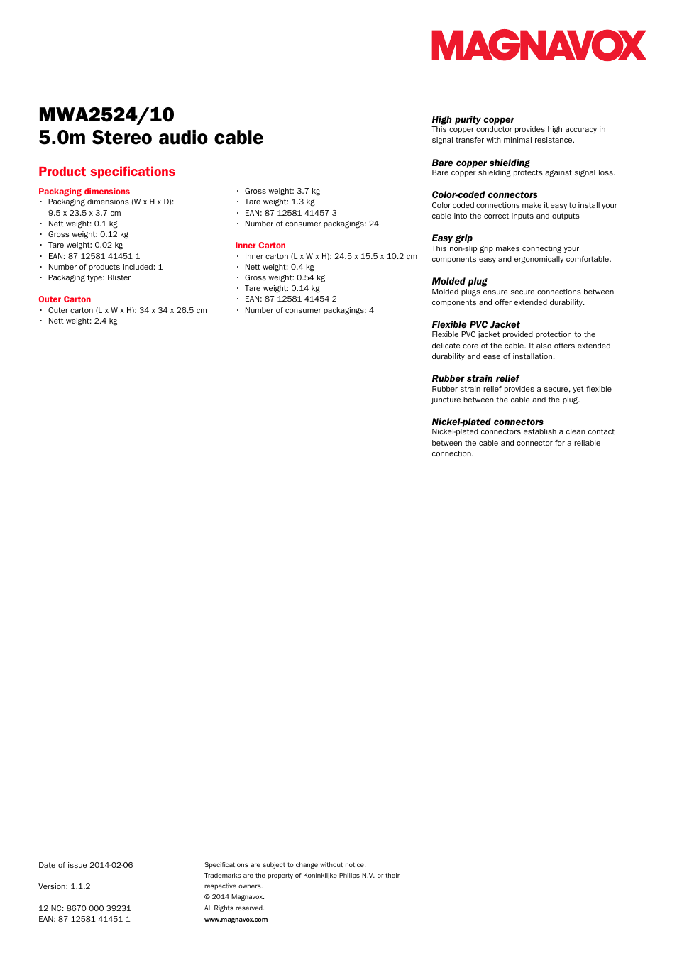 0m stereo audio cable, Product specifications | Philips Magnavox Cable de audio estéreo de 5 m User Manual | Page 2 / 2