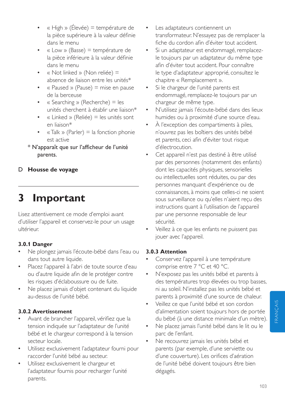 3 important | Philips AVENT Vigilabebés DECT User Manual | Page 103 / 216