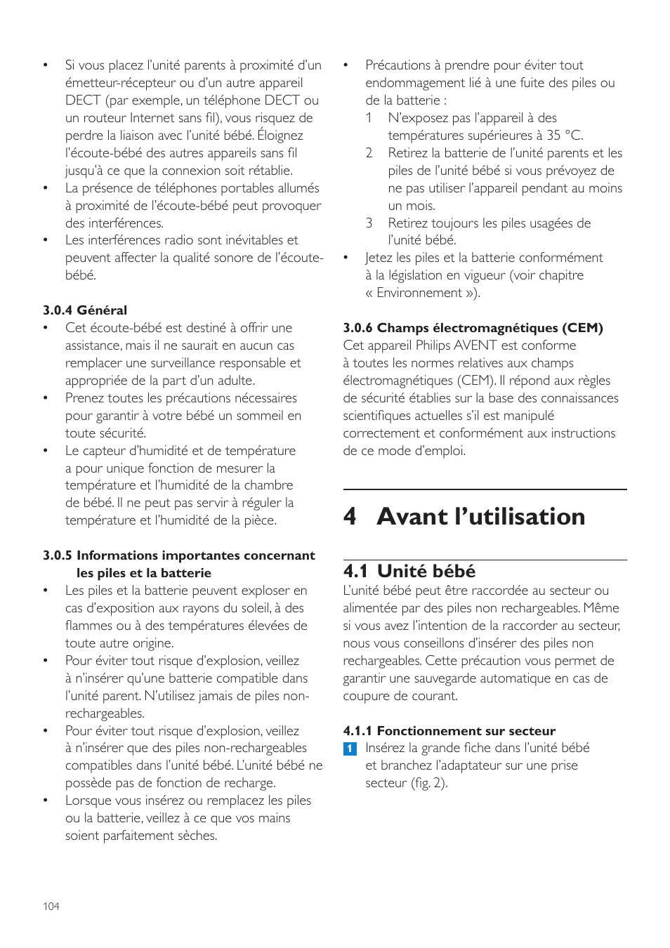 4 avant l’utilisation, 1 unité bébé | Philips AVENT Vigilabebés DECT User Manual | Page 104 / 216