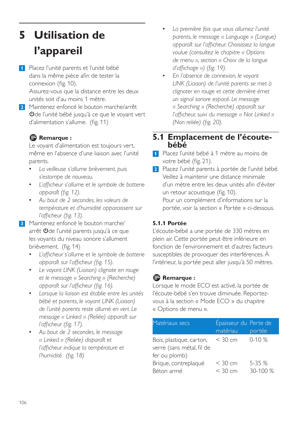 5 utilisation de l’appareil, 1 emplacement de l’écoute- bébé | Philips AVENT Vigilabebés DECT User Manual | Page 106 / 216
