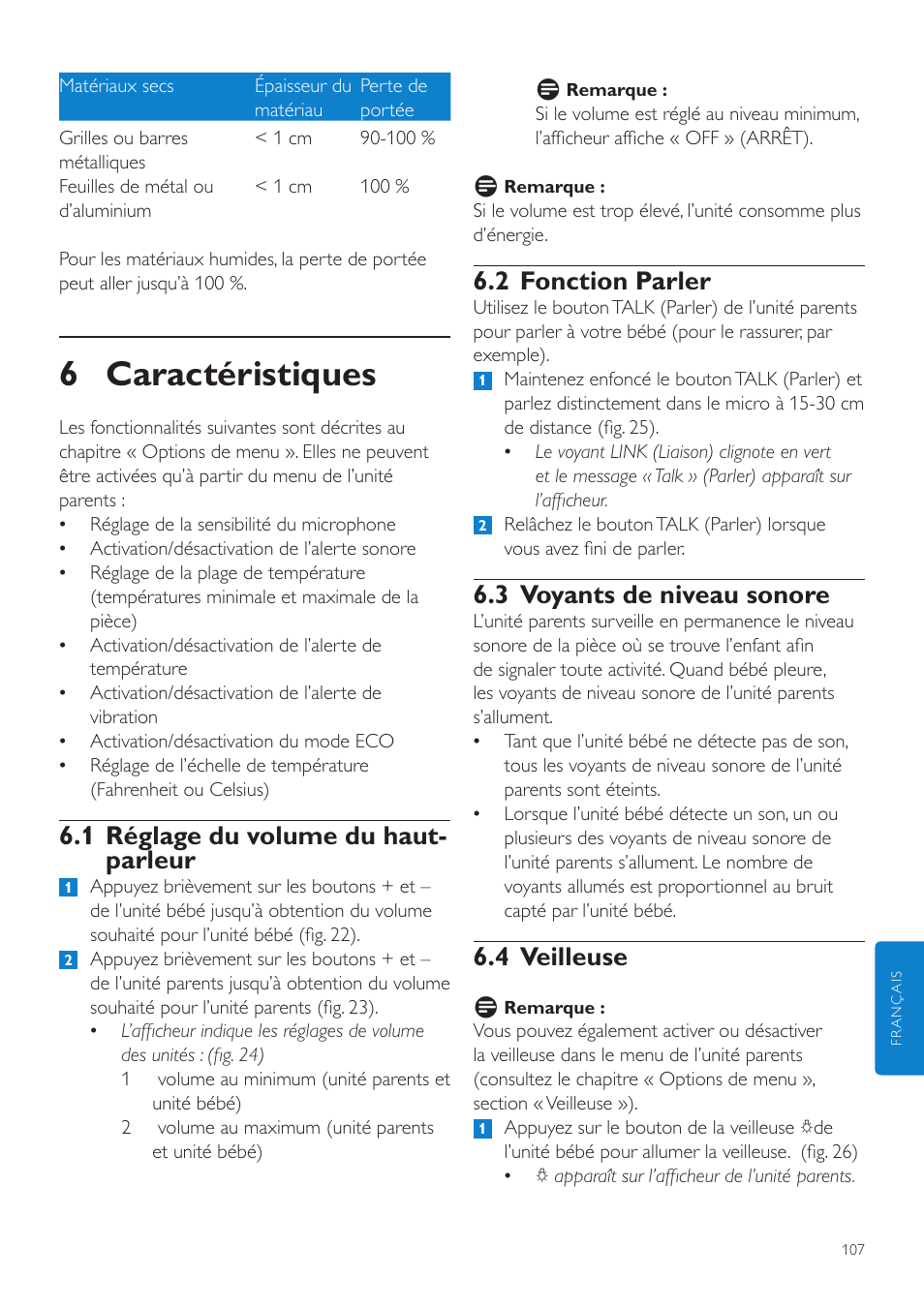 6 caractéristiques, 2 fonction parler, 3 voyants de niveau sonore | 4 veilleuse, 1 réglage du volume du haut- parleur | Philips AVENT Vigilabebés DECT User Manual | Page 107 / 216