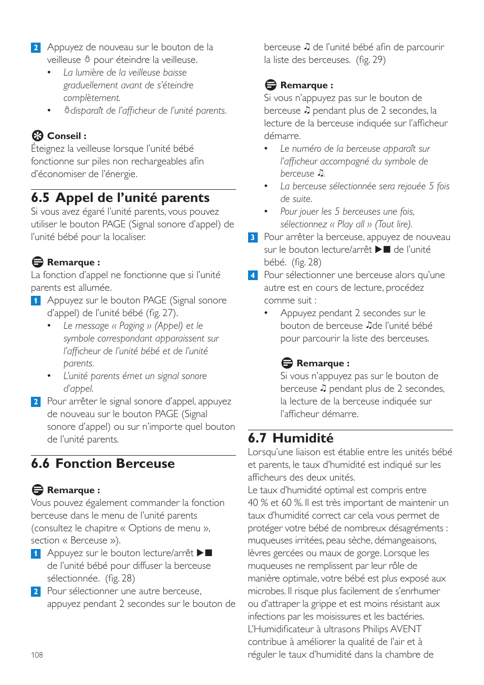 7 humidité, 5 appel de l’unité parents, 6 fonction berceuse | Philips AVENT Vigilabebés DECT User Manual | Page 108 / 216